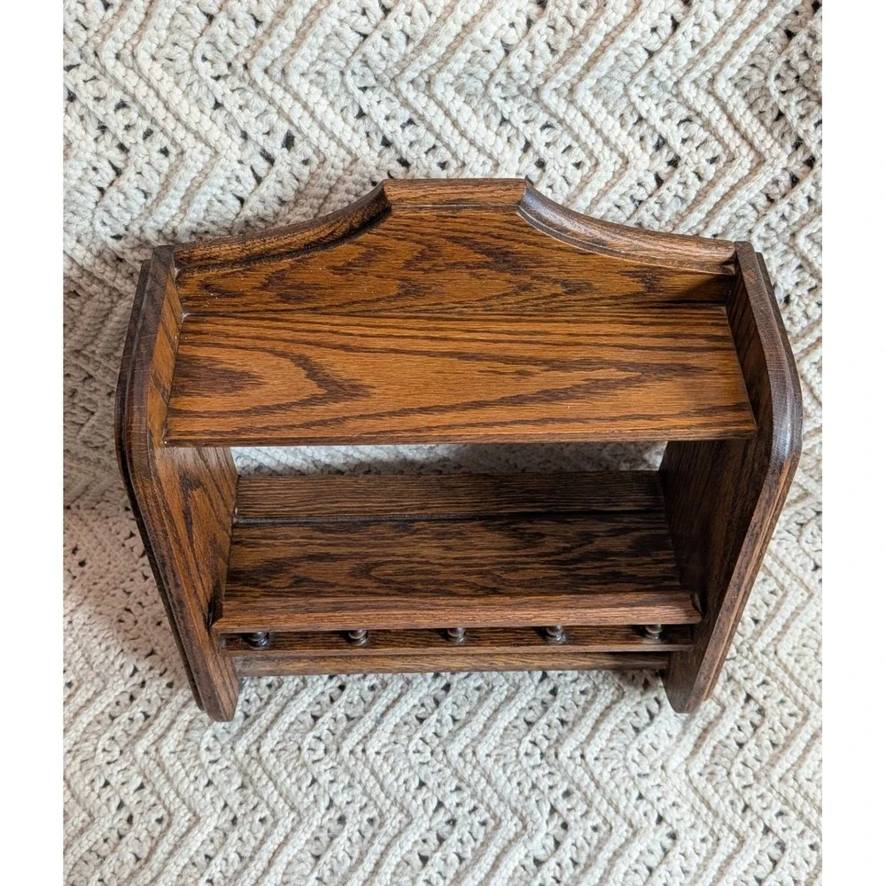 Vintage Oak Wood Wall Shelf with Spindle Rail and Towel Bar Farmhouse 13x12x6.5